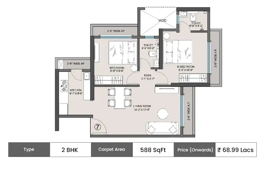 Mayfair Virar Gardens 2 BHK floor plan, 588 sq ft carpet area